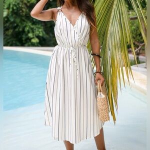 Cupshe White Stripe Sleeveless Surplice Midi Dress